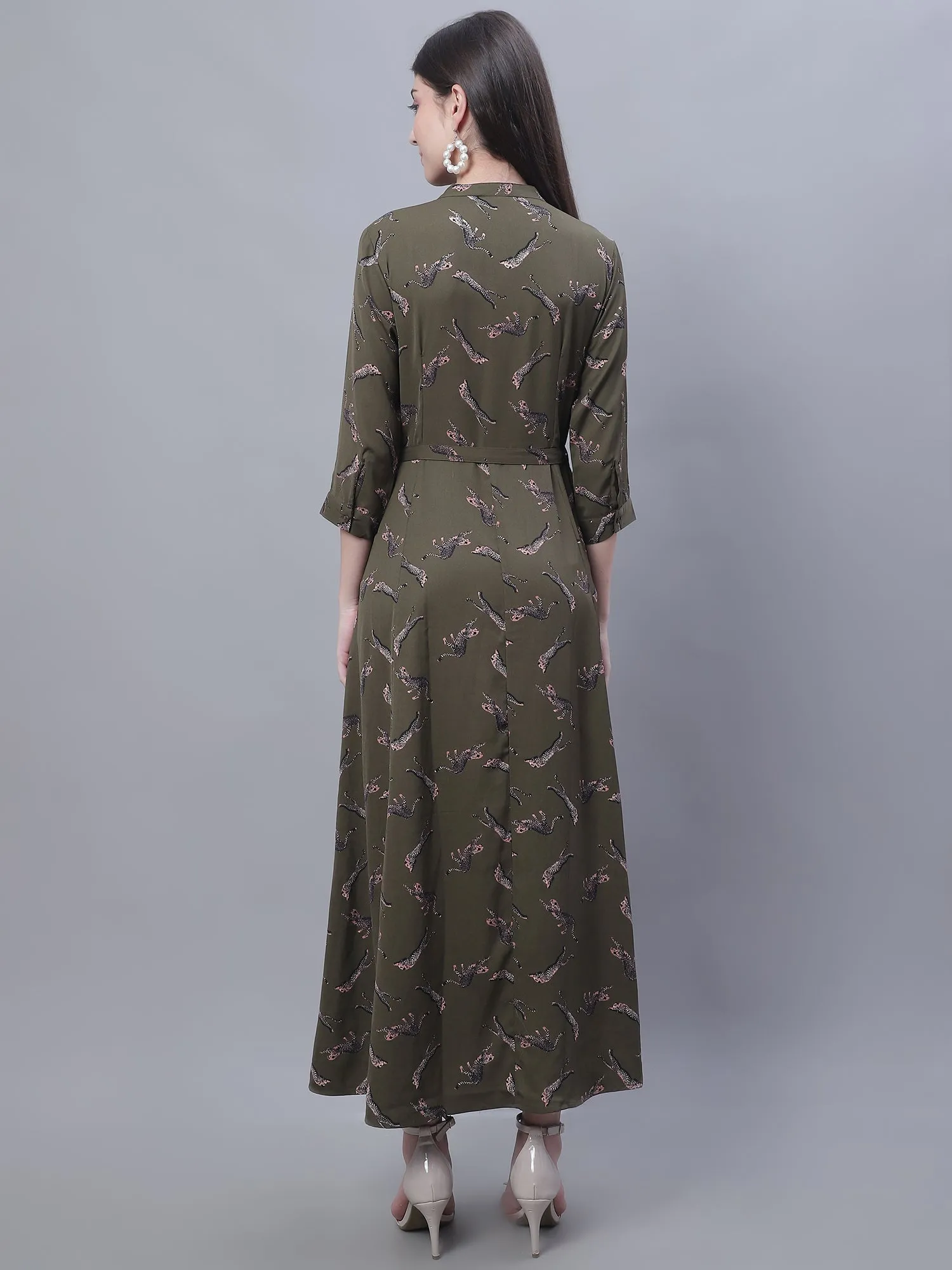 Women's Casual Mandarin collar Dull Green Animal Print Fit & Flared Dress