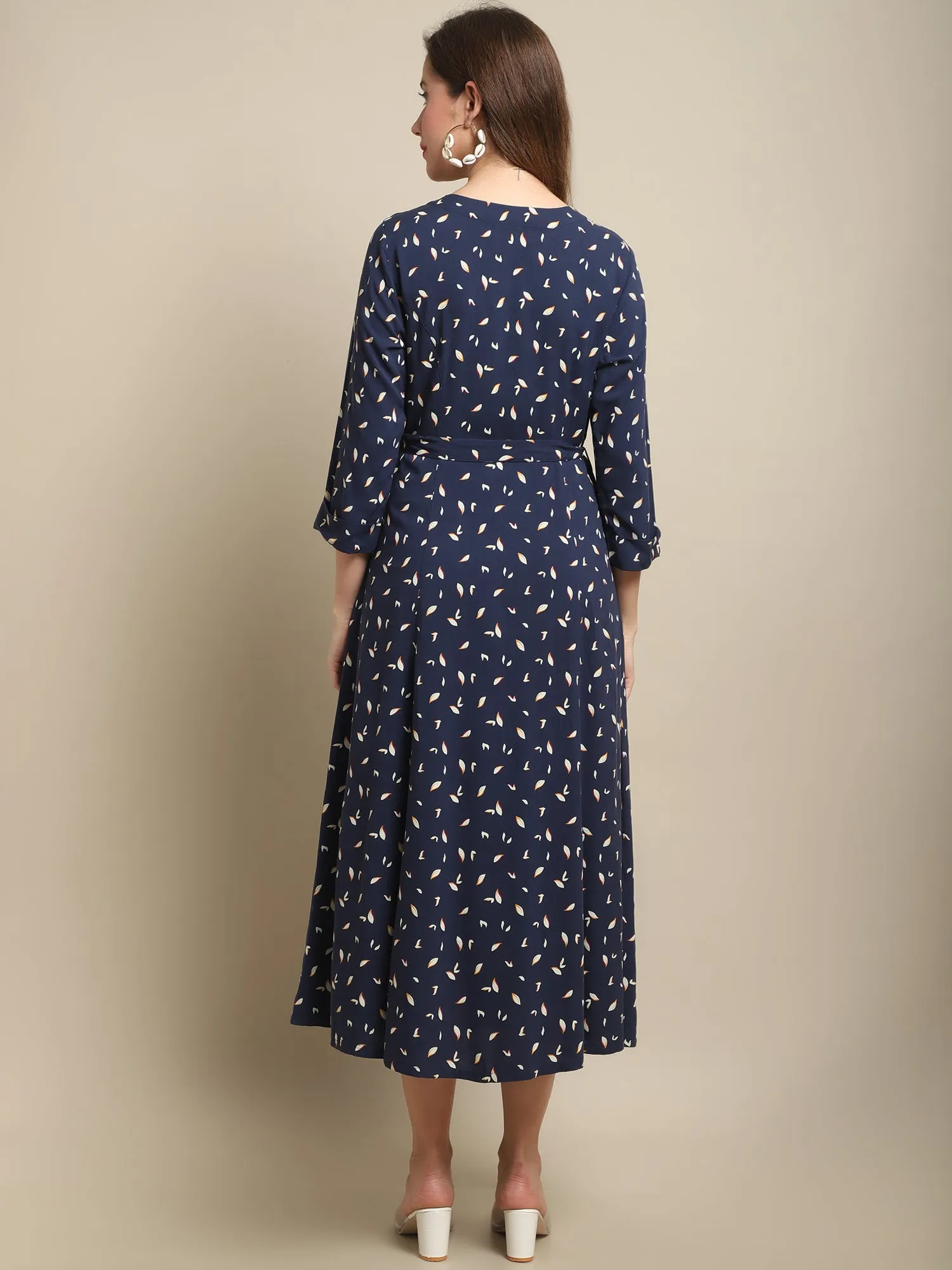 Women's Casual V neck Navy Ditsy Floral Print Fit & Flared Dress