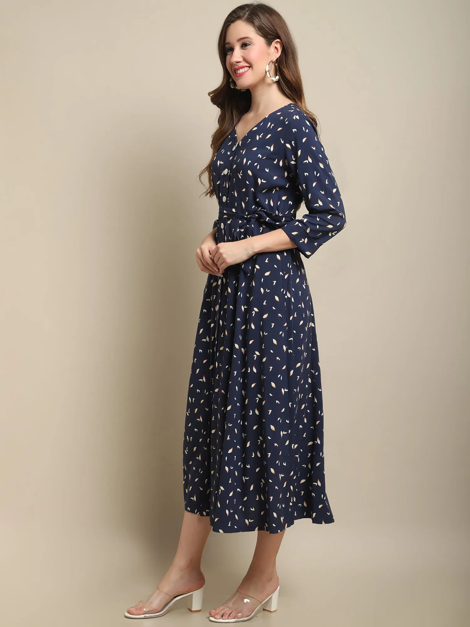 Women's Casual V neck Navy Ditsy Floral Print Fit & Flared Dress