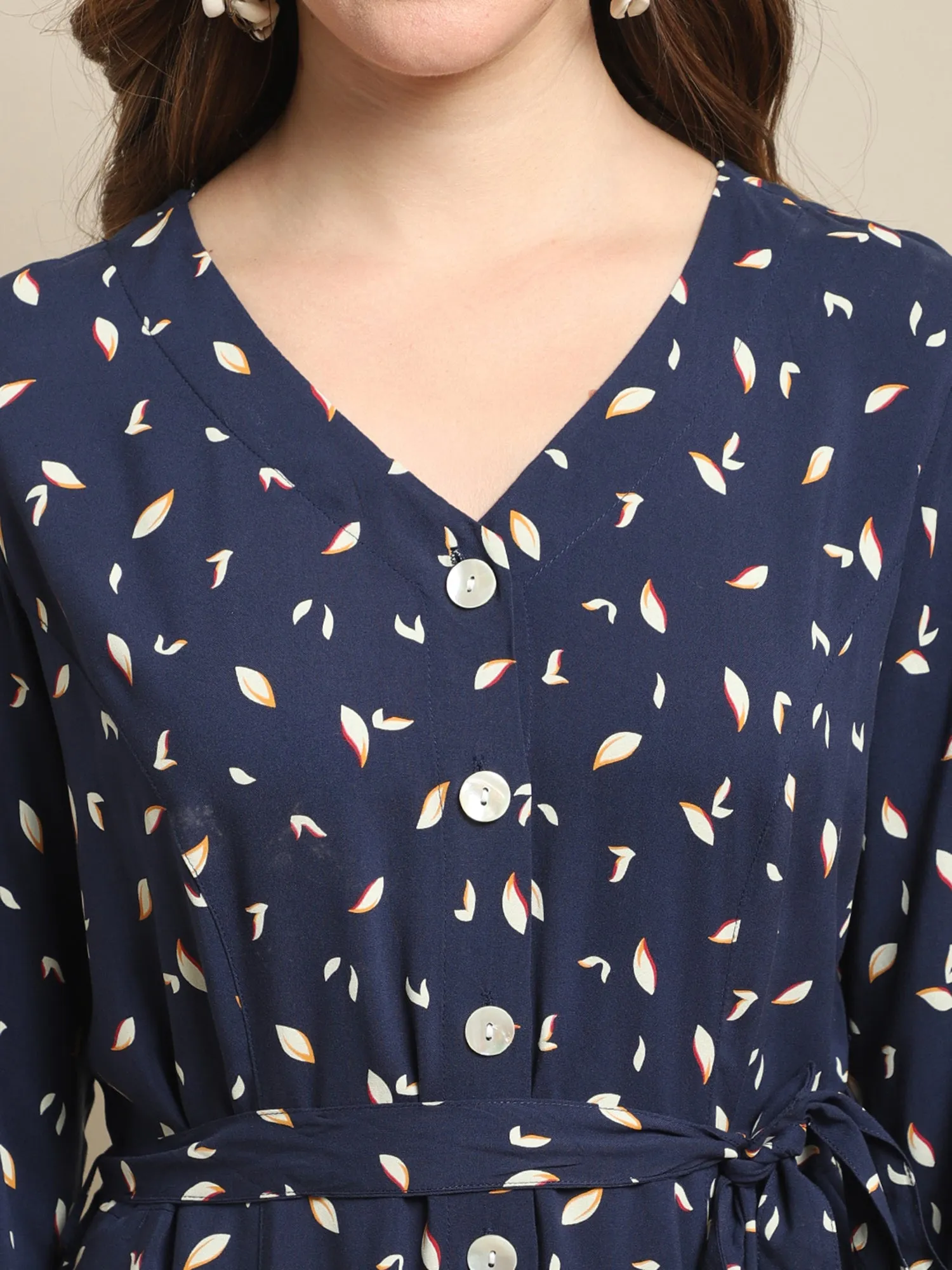 Women's Casual V neck Navy Ditsy Floral Print Fit & Flared Dress