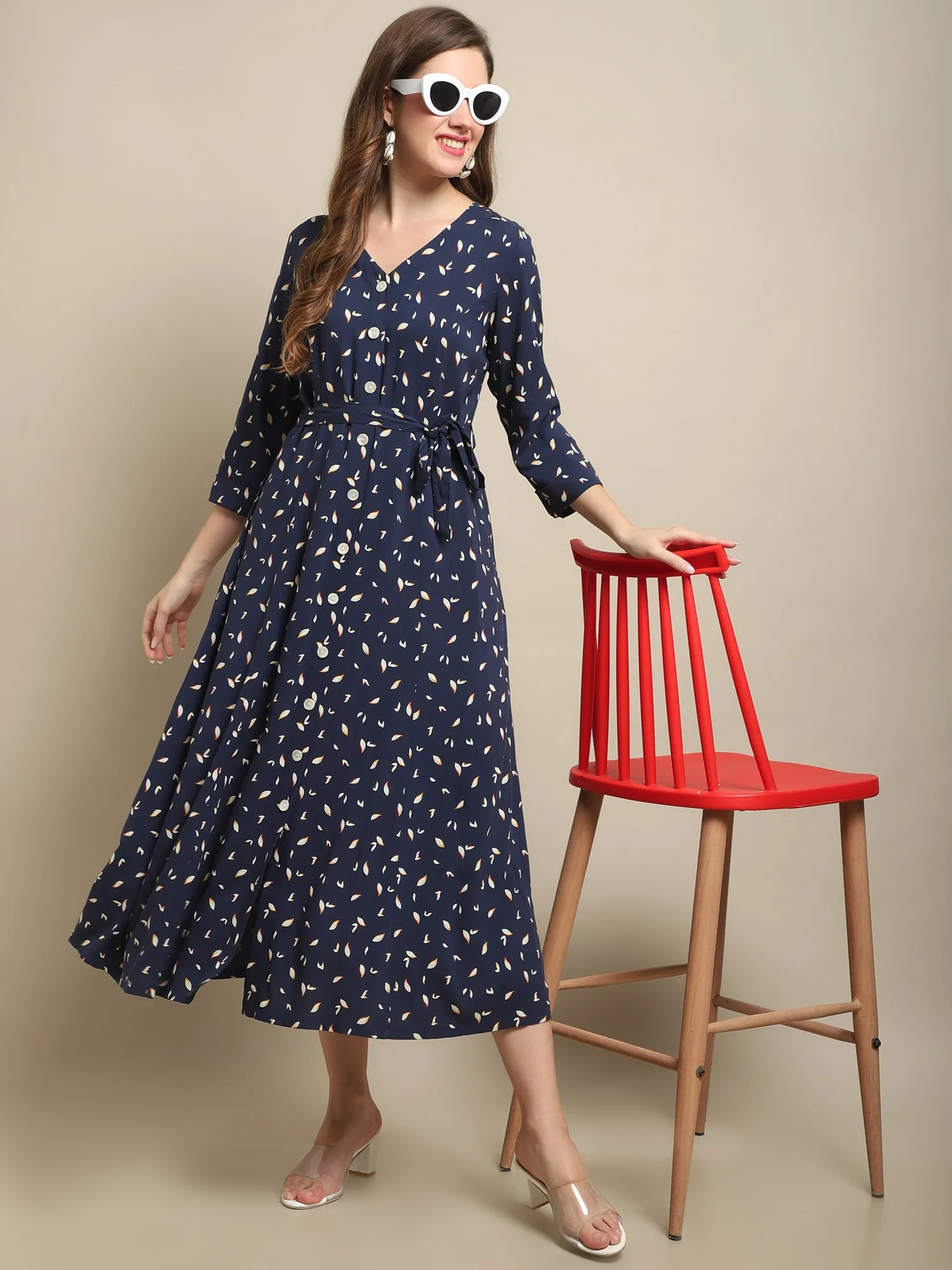 Women's Casual V neck Navy Ditsy Floral Print Fit & Flared Dress