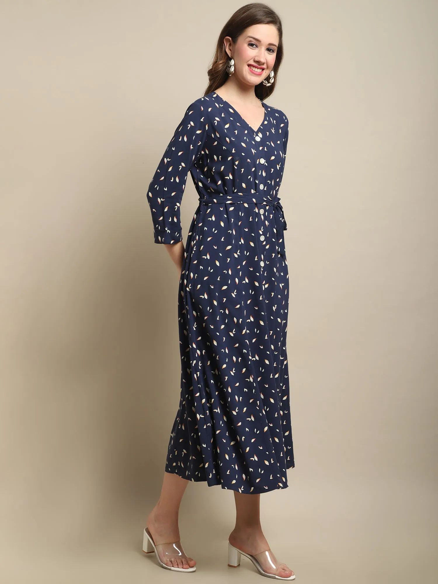 Women's Casual V neck Navy Ditsy Floral Print Fit & Flared Dress